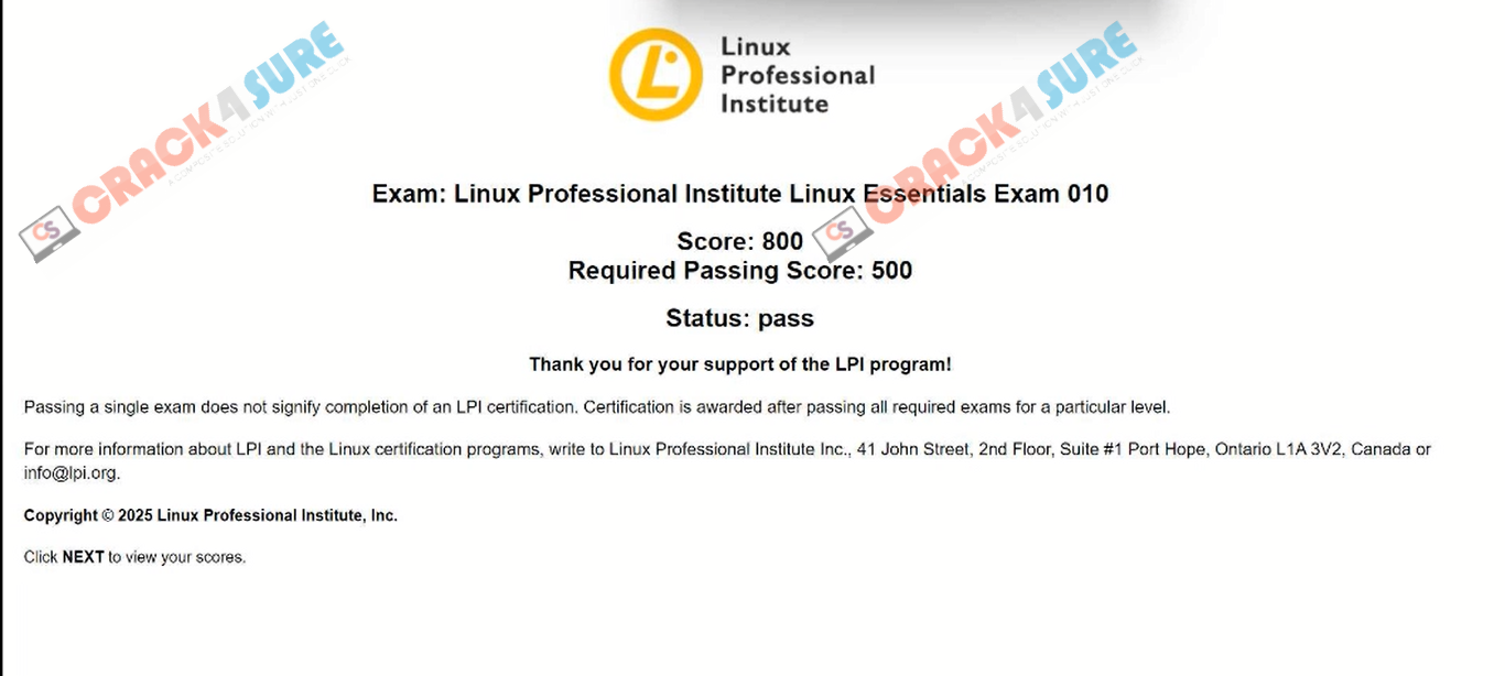 LPI Linux Essentials 010-160 passing score card 1