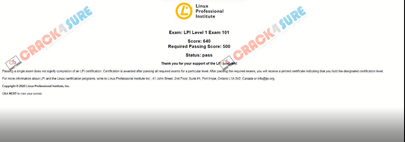 LPIC Level 1 101-400 passing score card 1