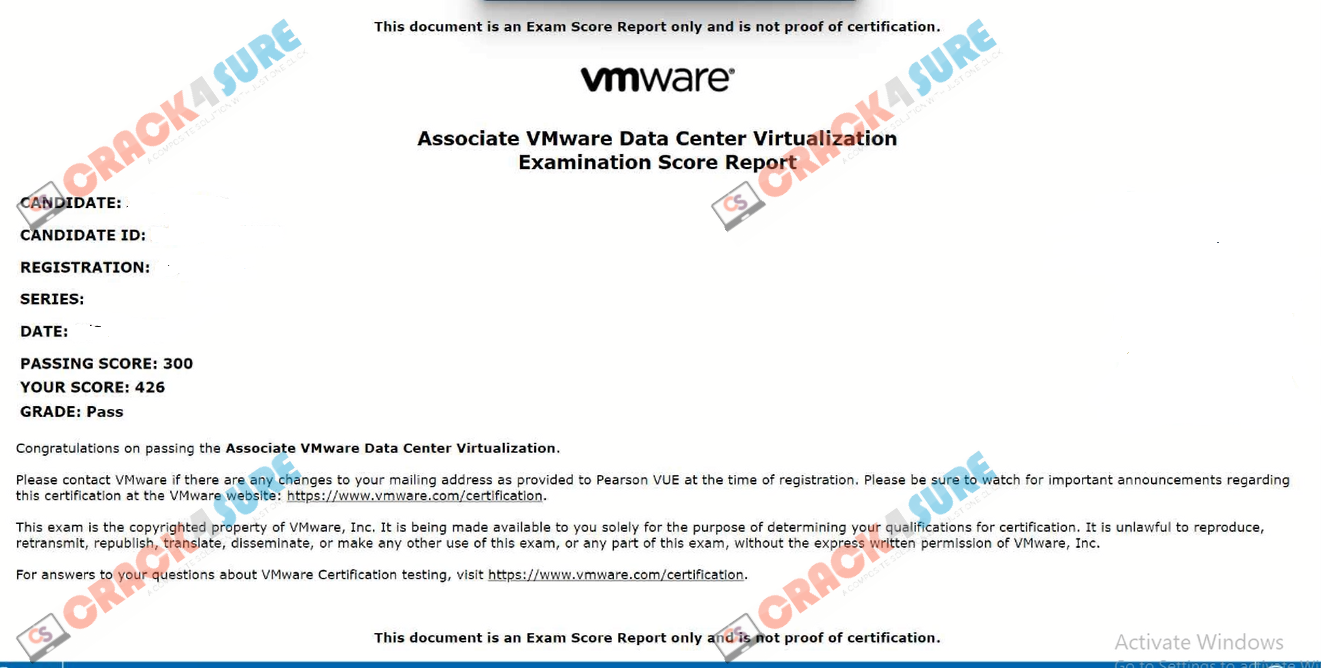 VMware Certified Technical Associate - Data Center Virtualization 2020 1V0-21.20 passing score card 1