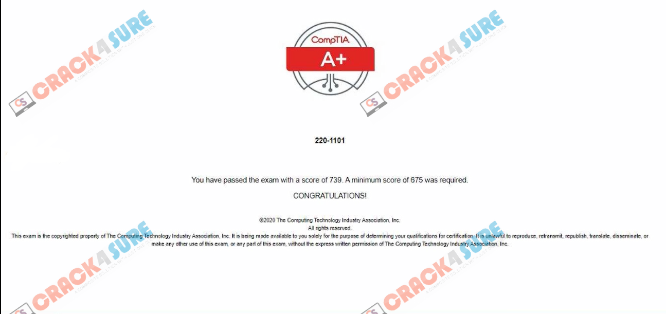 A+ 220-1101 passing score card 1