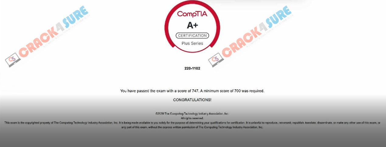 A+ 220-1102 passing score card 1