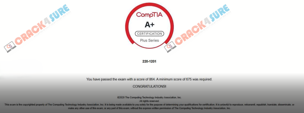 A+ 220-1201 passing score card 1