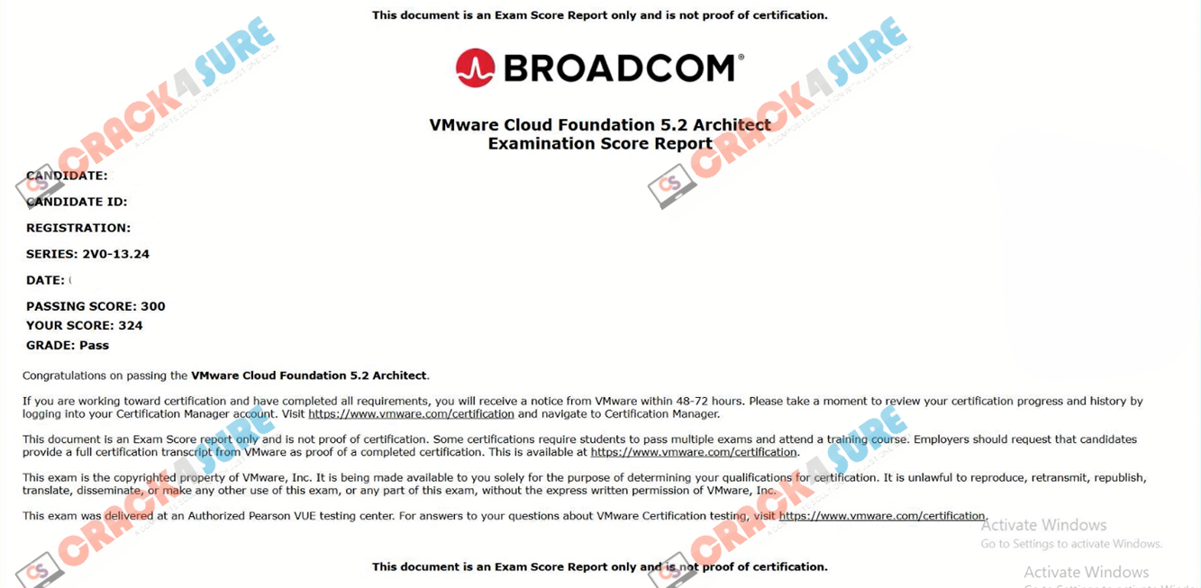 VCP-VCF Architect 2V0-13.24 passing score card 1