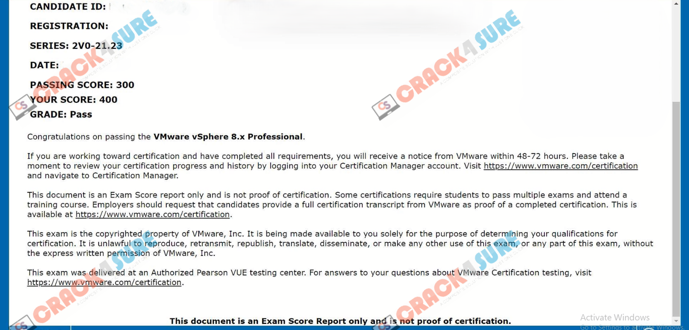 VCP-DCV 2023 2V0-21.23 passing score card 3