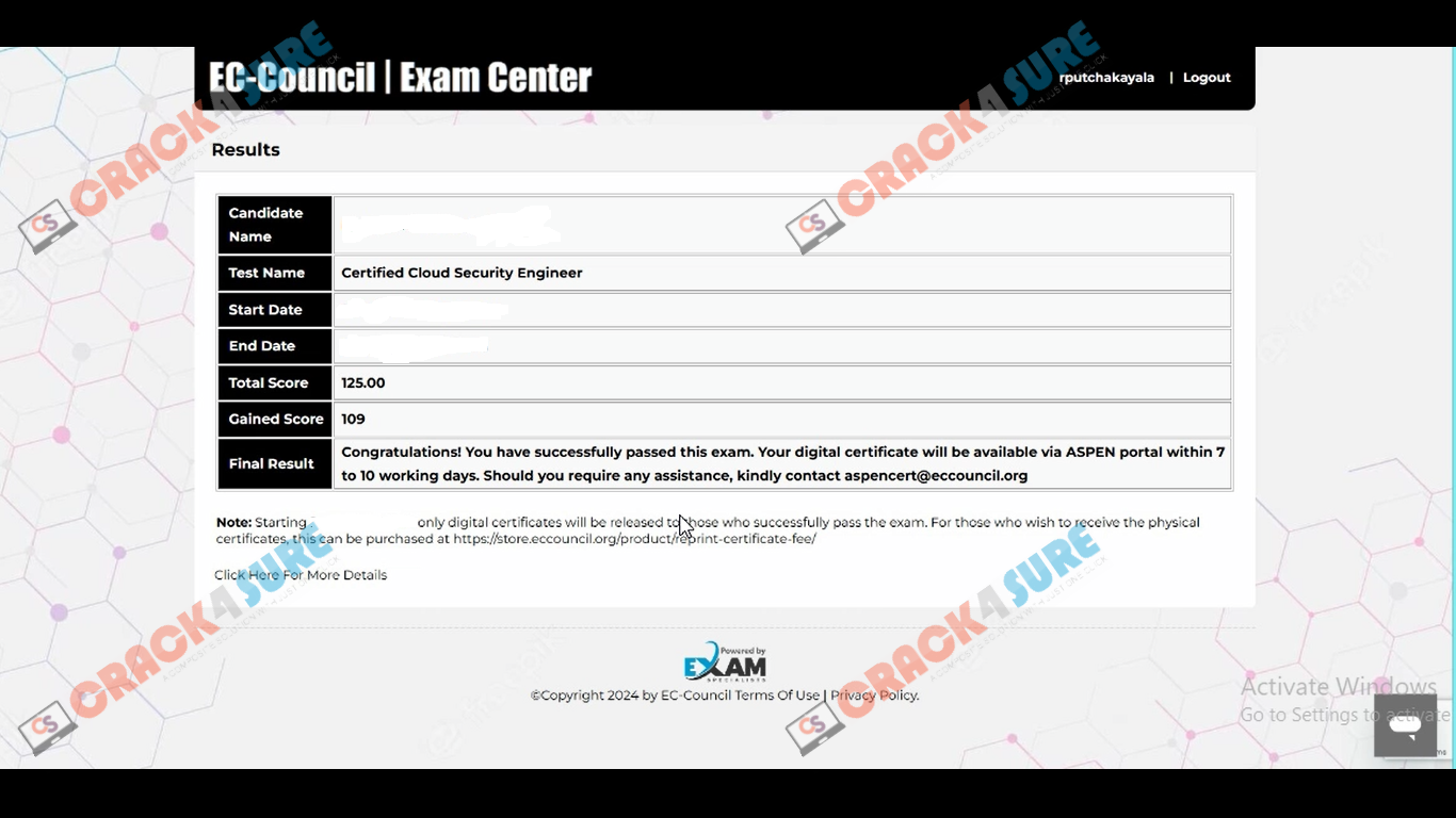 Certified Cloud Security Engineer (CCSE) 312-40 passing score card 1