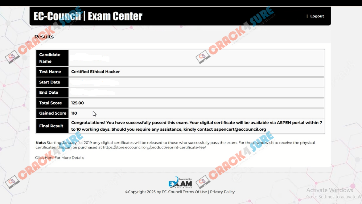 CEH v13 312-50v13 passing score card 1
