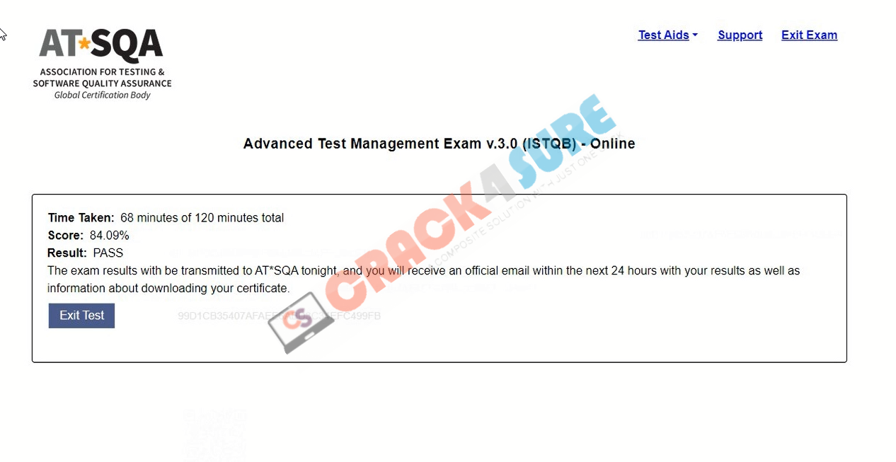 ISTQB Test Manager ATM passing score card 1