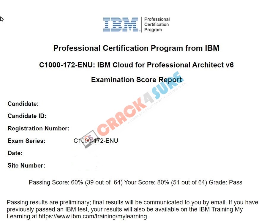 IBM Cloud: Cloud Solutions C1000-172 passing score card 1