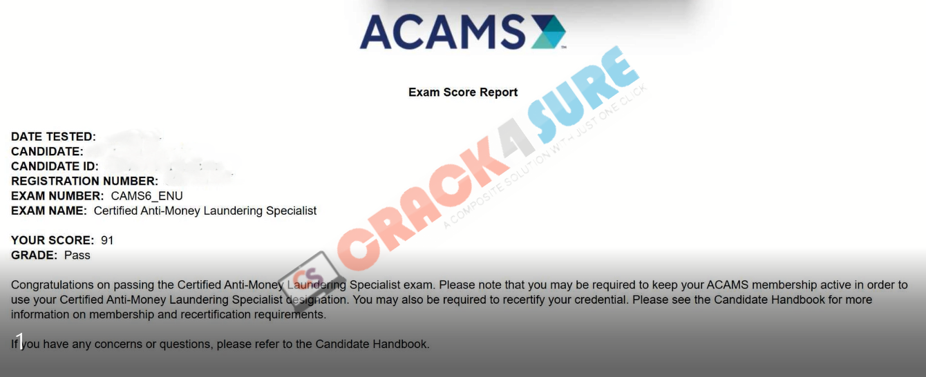 AML Certifications CAMS passing score card 3