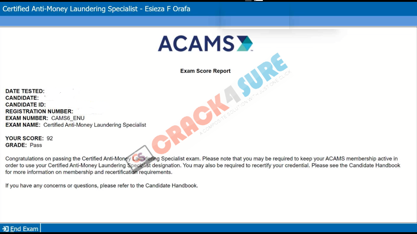 AML Certifications CAMS passing score card 1