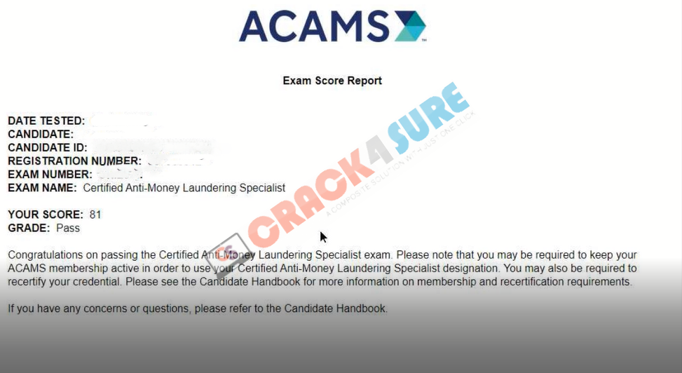 AML Certifications CAMS passing score card 2