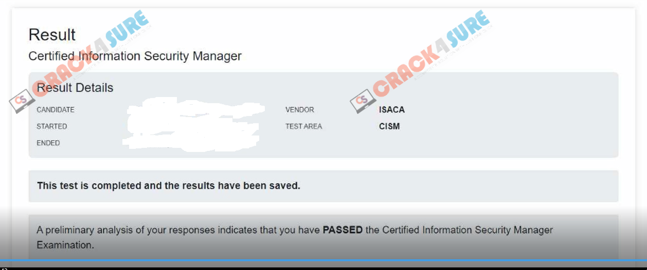 Isaca Certification CISM passing score card 1