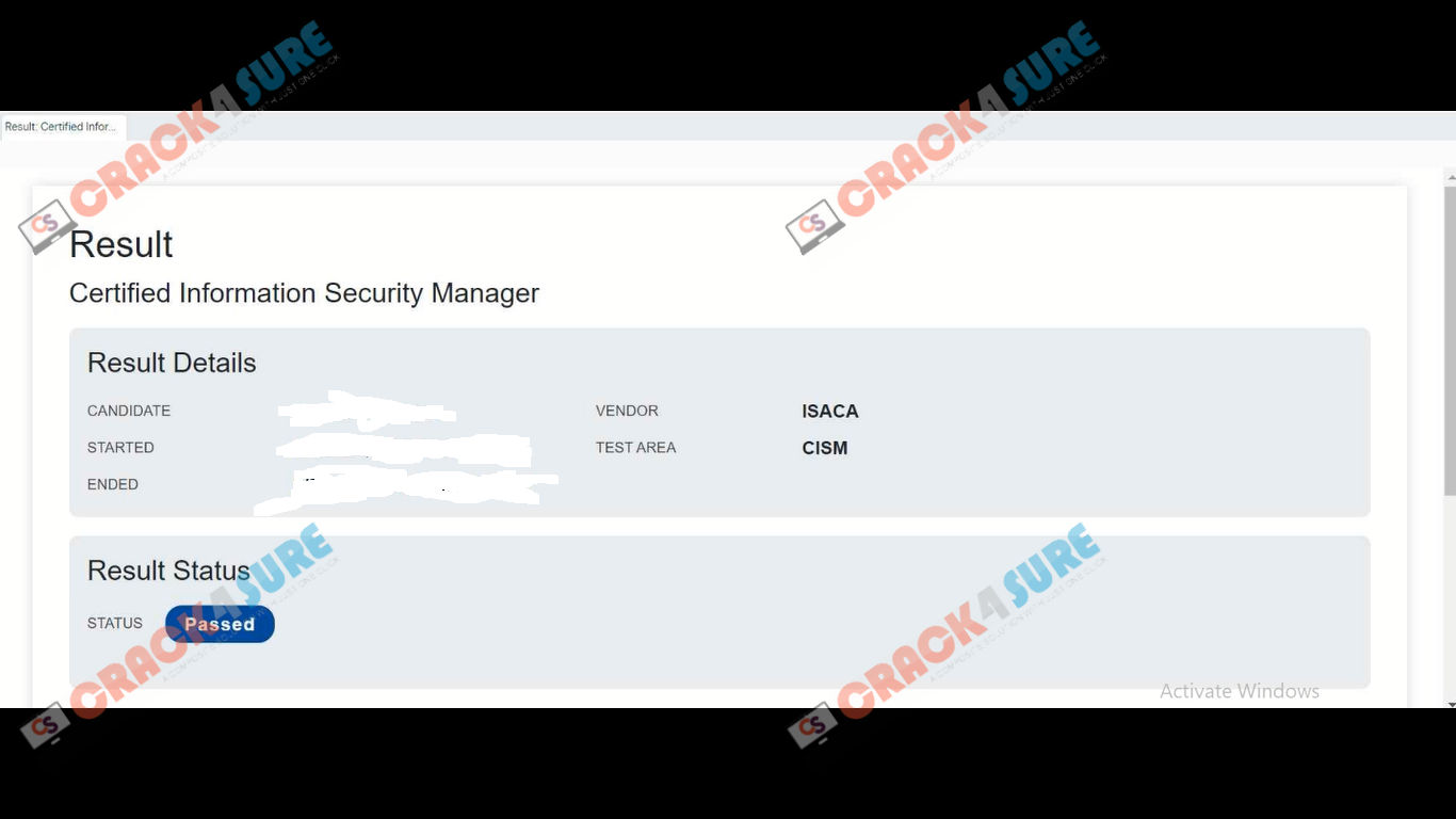 Isaca Certification CISM passing score card 2