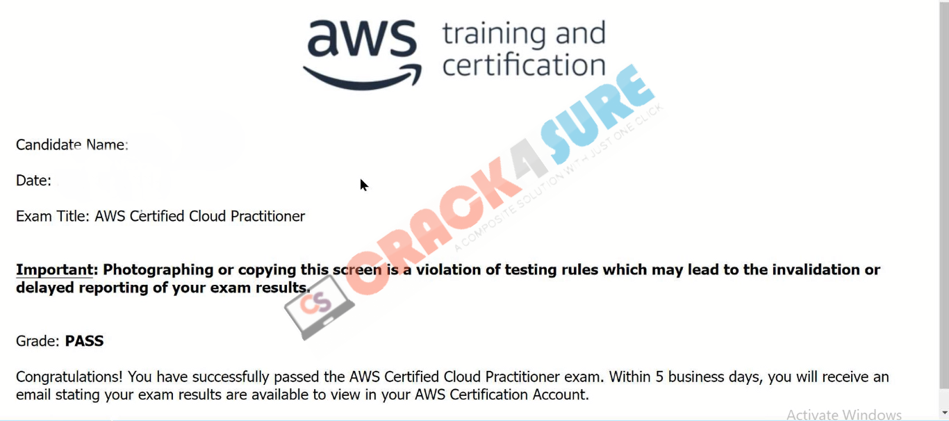 AWS Certified Foundational CLF-C02 passing score card 2