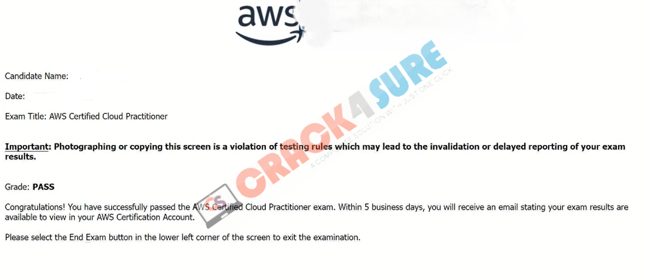 AWS Certified Foundational CLF-C02 passing score card 1