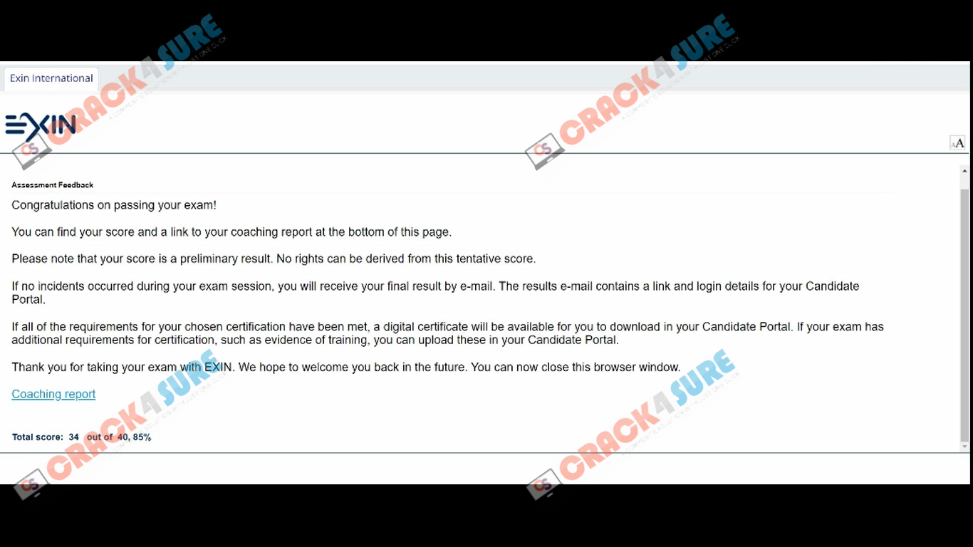 EXIN Cloud CLOUDF passing score card 1