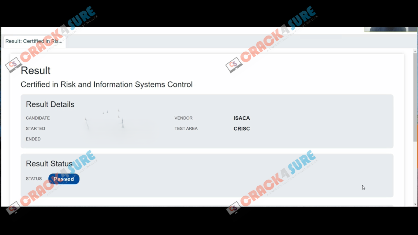 Isaca Certification CRISC passing score card 1
