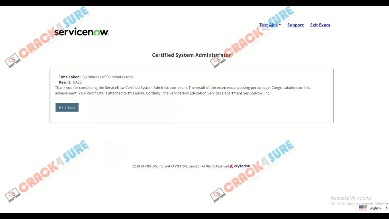 Certified System Administrator CSA passing score card 1