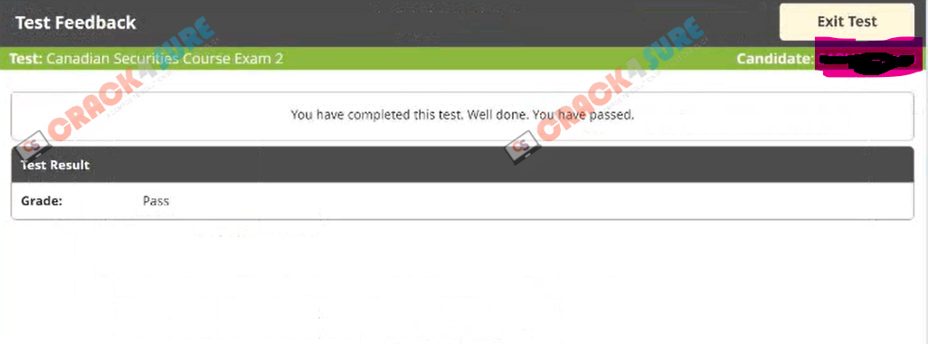 Canadian Securities Course CSC2 passing score card 1