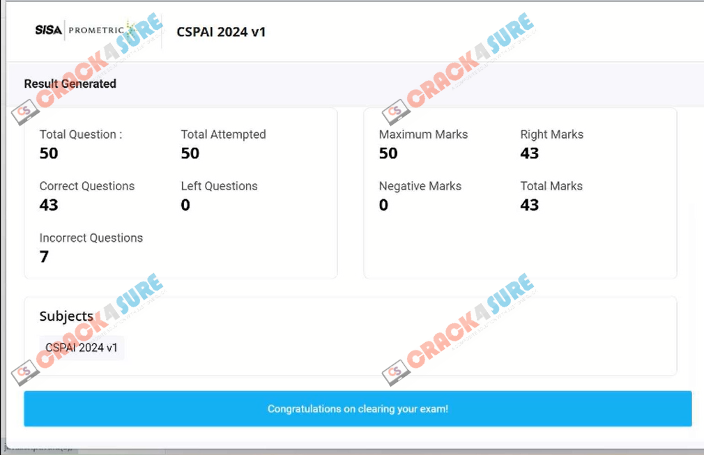 Cyber Security for AI CSPAI passing score card 1