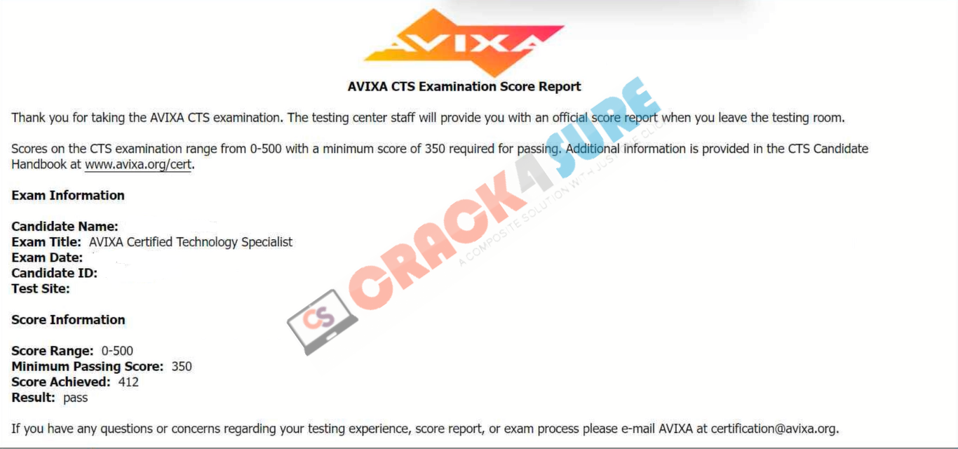 AVIXA Communications Certifications  CTS passing score card 1