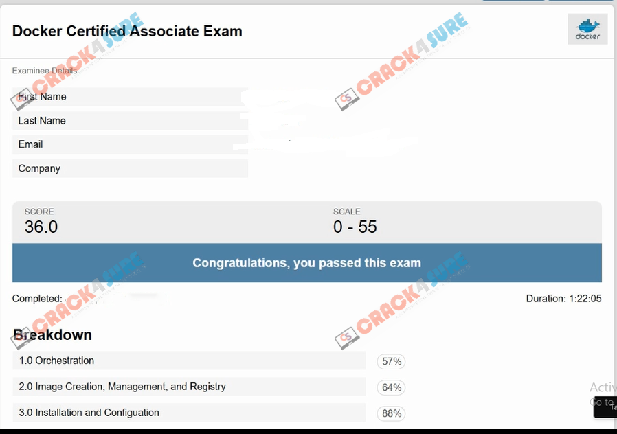 Docker Certified Associate DCA passing score card 1