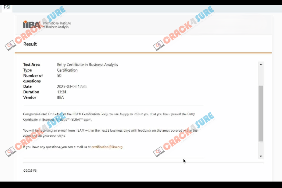 Entry Certificate in Business Analysis ECBA passing score card 1