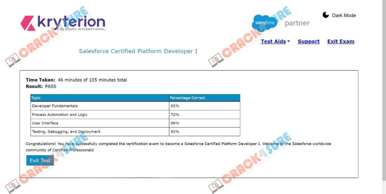 Developers PDI passing score card 1