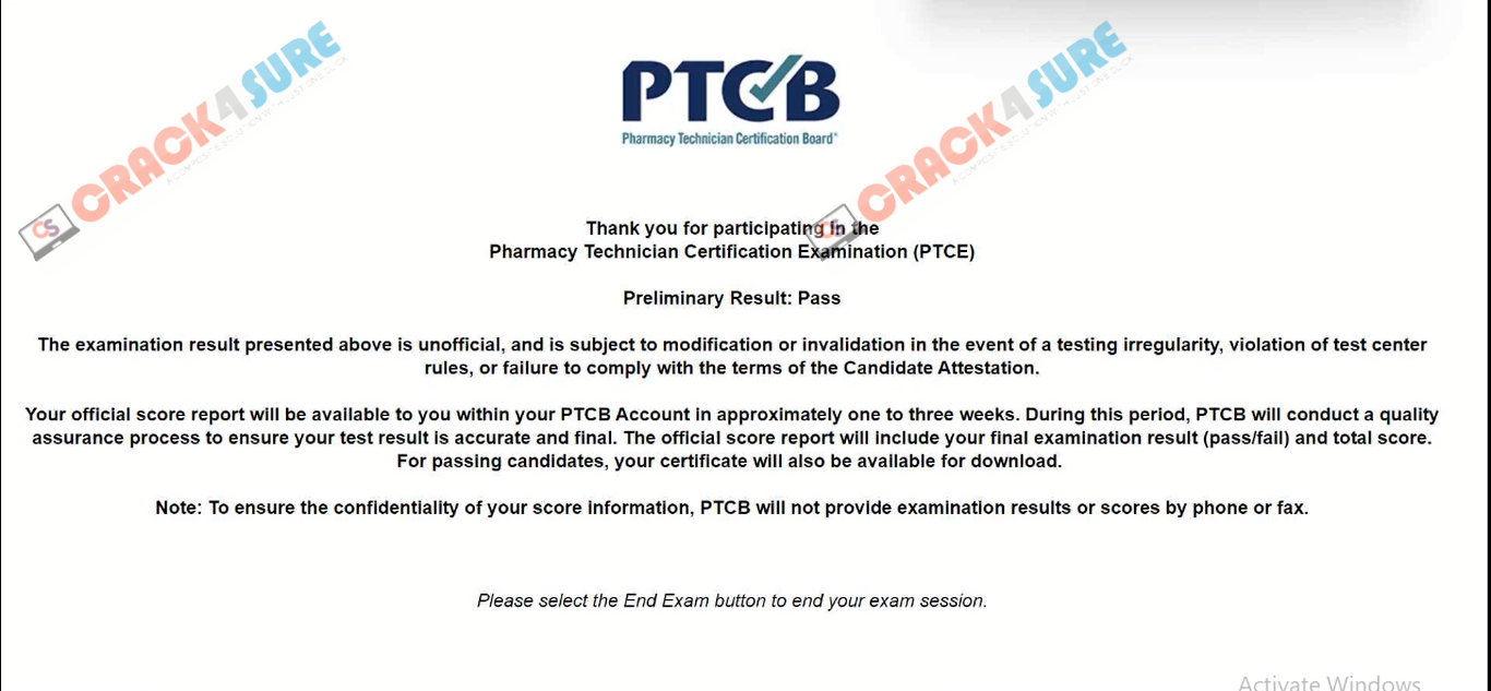 CPhT PTCE passing score card 1