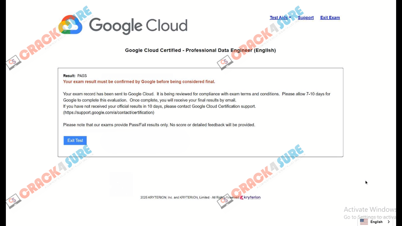 Google Cloud Certified Professional-Data-Engineer passing score card 1