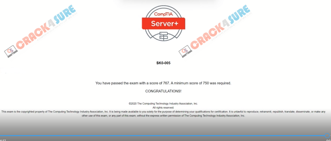 CompTIA Server+ SK0-005 passing score card 1