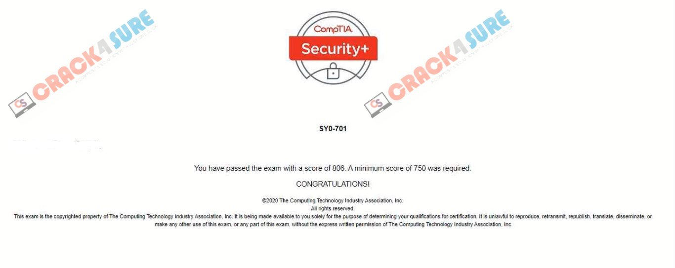 CompTIA Security+ SY0-701 passing score card 1