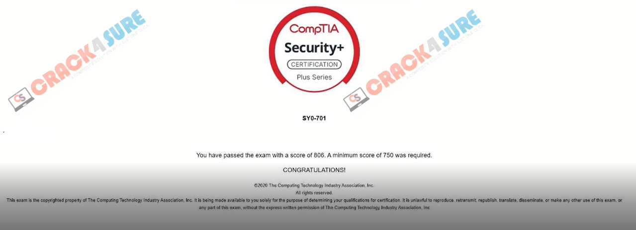 CompTIA Security+ SY0-701 passing score card 2
