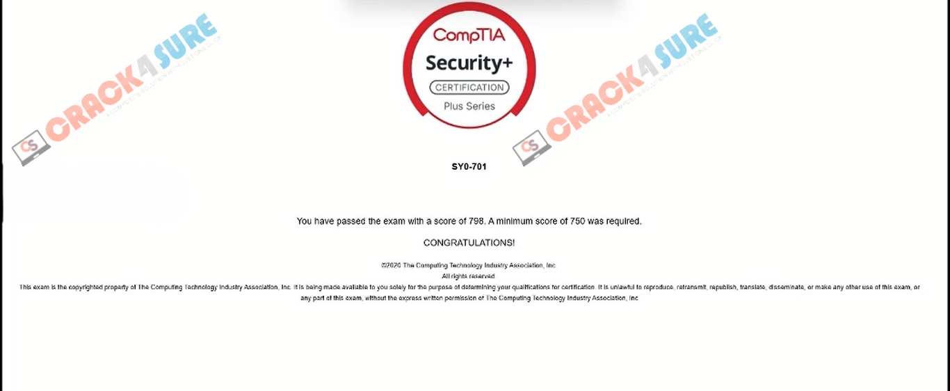 CompTIA Security+ SY0-701 passing score card 3