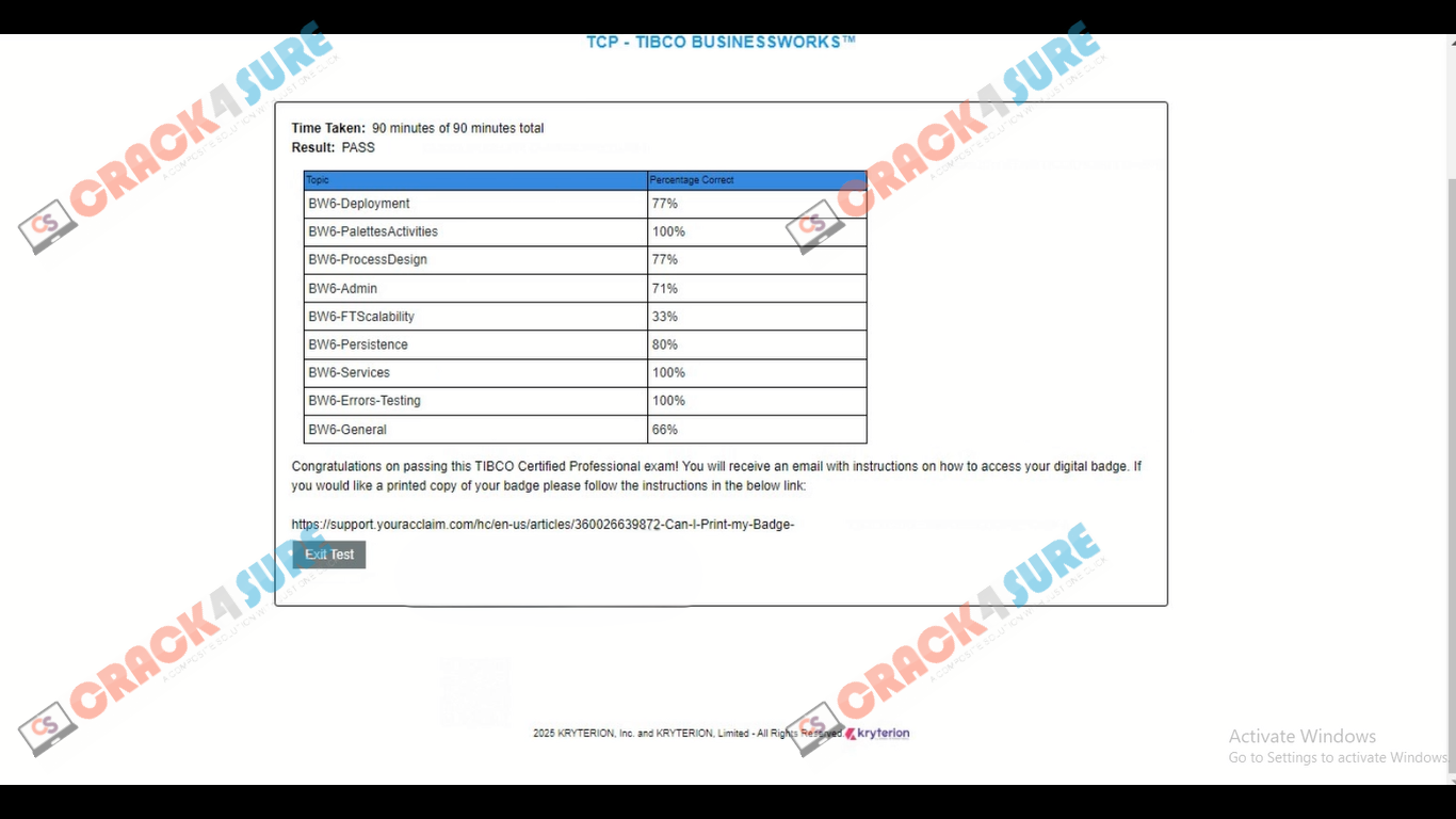 TIBCO BusinessWorks 6 TCA-Tibco-BusinessWorks passing score card 1