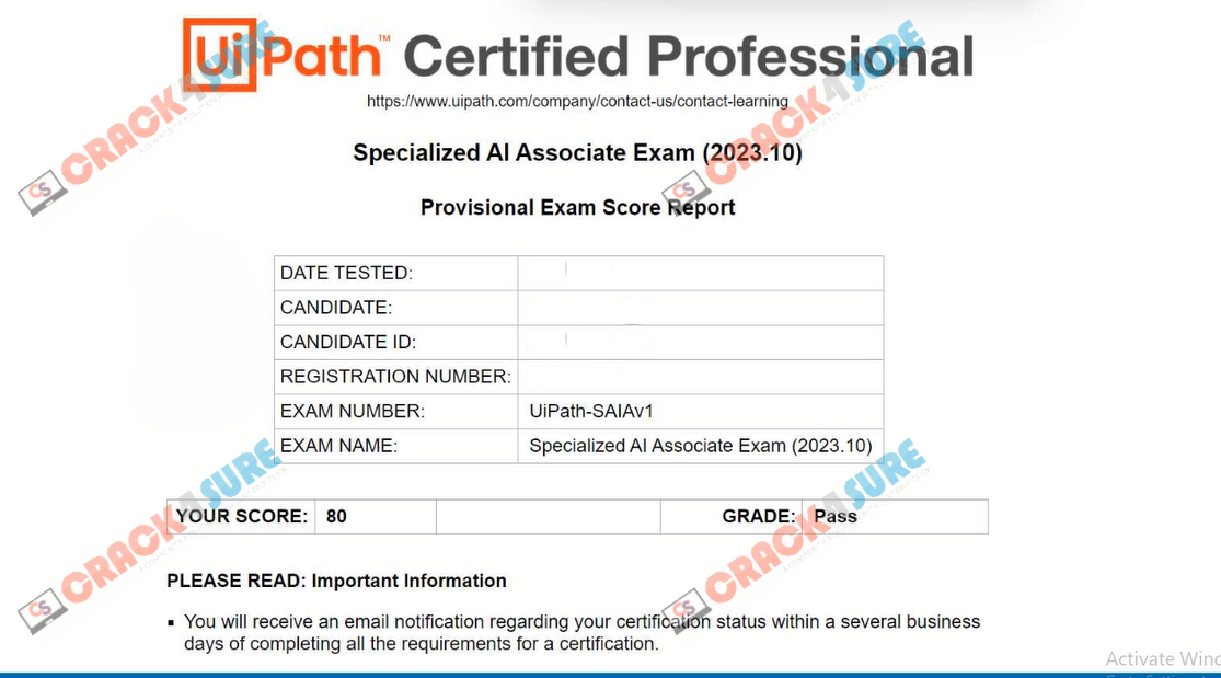 UiPath Specialized AI Associate UiPath-SAIAv1 passing score card 1